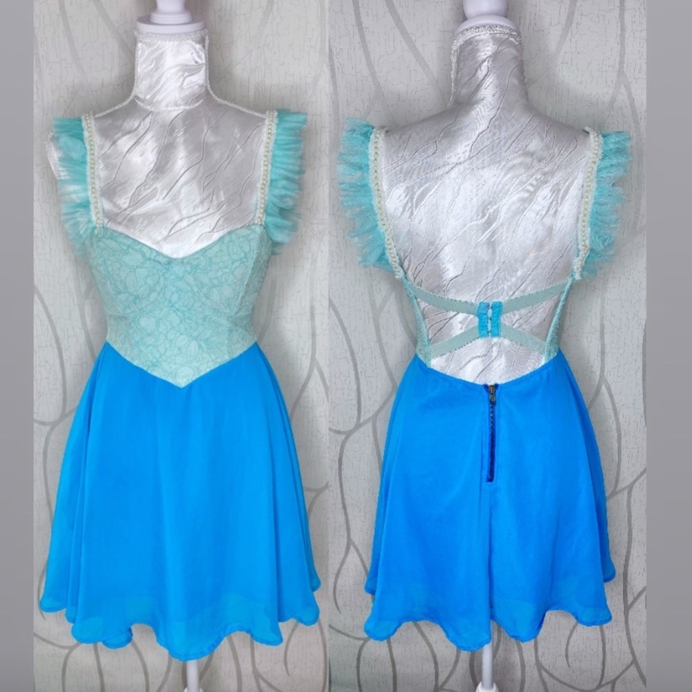 🎀🍒 Blue Green Lace Colourblock Contrast A Line Dress 🍒🎀 Pearl Ruffle Trim Straps - Picture 2 of 13